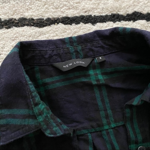 NEW LOOK Navy Green Plaid Flannel Shirt Button Up - Picture 3 of 6